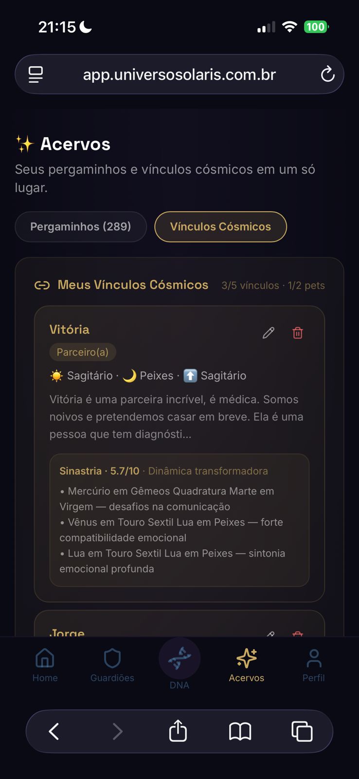 Sinastria detalhada de um vínculo cósmico no Universo Solaris
